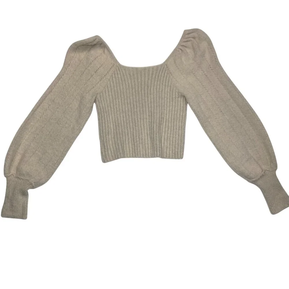 Free People Katie Sand Brushed Knit square neck puff sleeve Pullover Women’s XL